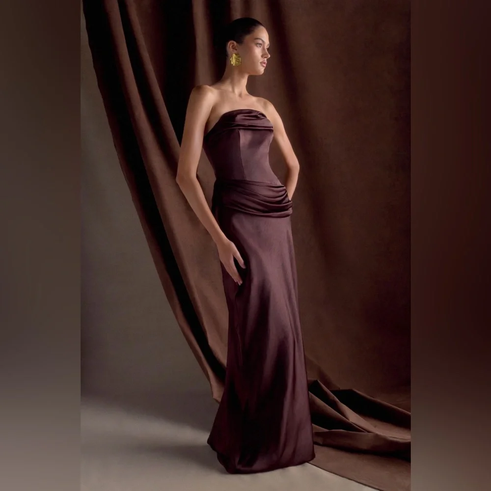 MESHKI Jasmine Strapless Satin Maxi Dress - Chocolate Brown - Picture 2 of 6